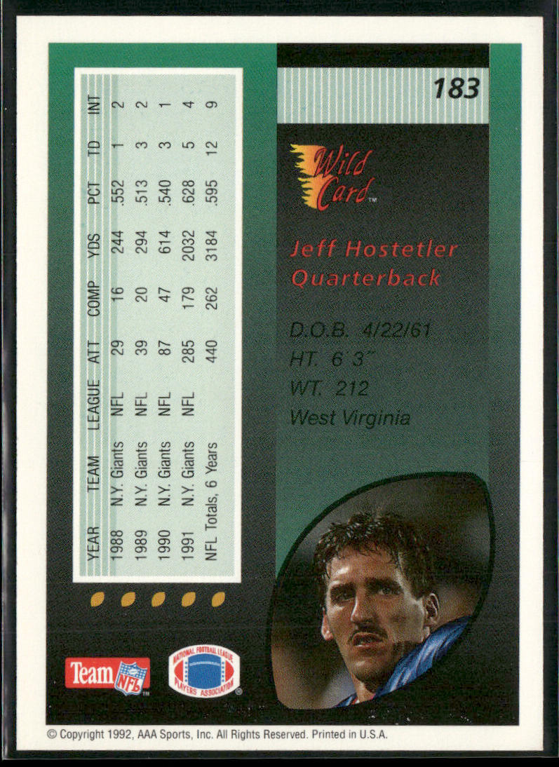 Jeff Hostetler 1992 Wild Card #183 New York Giants