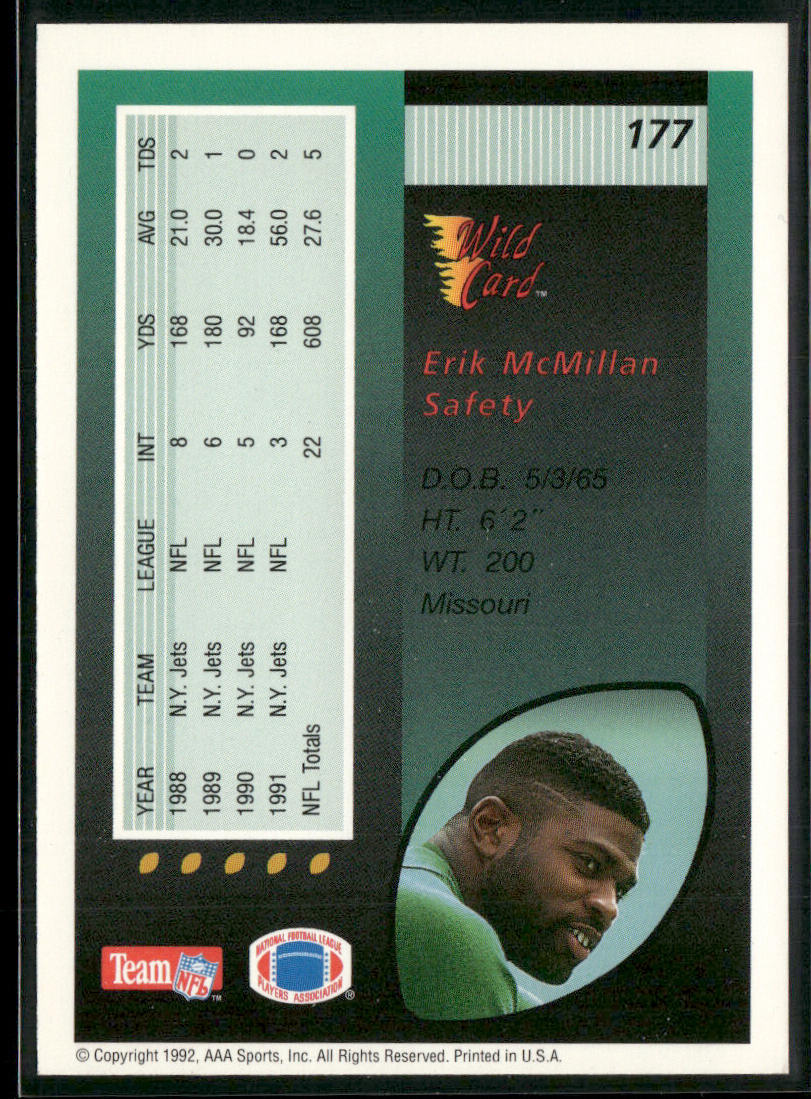 Erik McMillan 1992 Wild Card #177 New York Jets