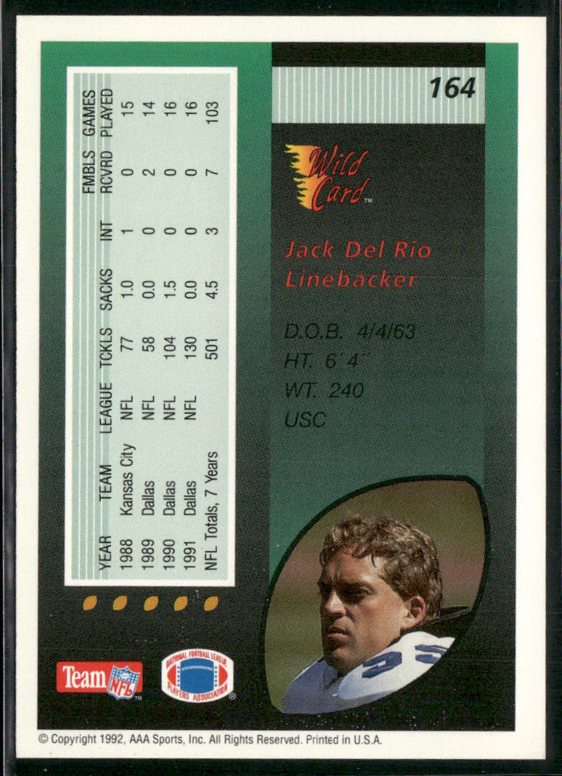 Jack Del Rio 1992 Wild Card #164 Dallas Cowboys