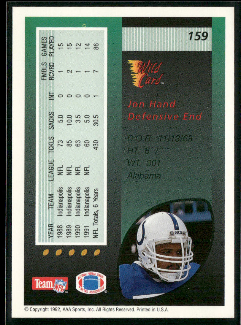 Jon Hand 1992 Wild Card #159 Indianapolis Colts