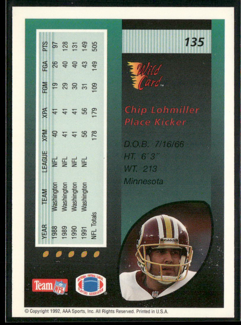 Chip Lohmiller 1992 Wild Card #135 Washington Redskins