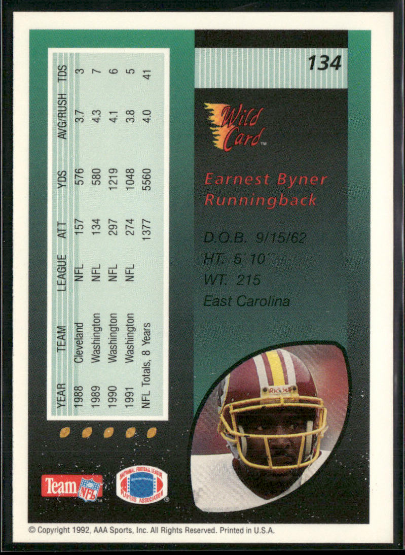 Earnest Byner 1992 Wild Card #134 Washington Redskins