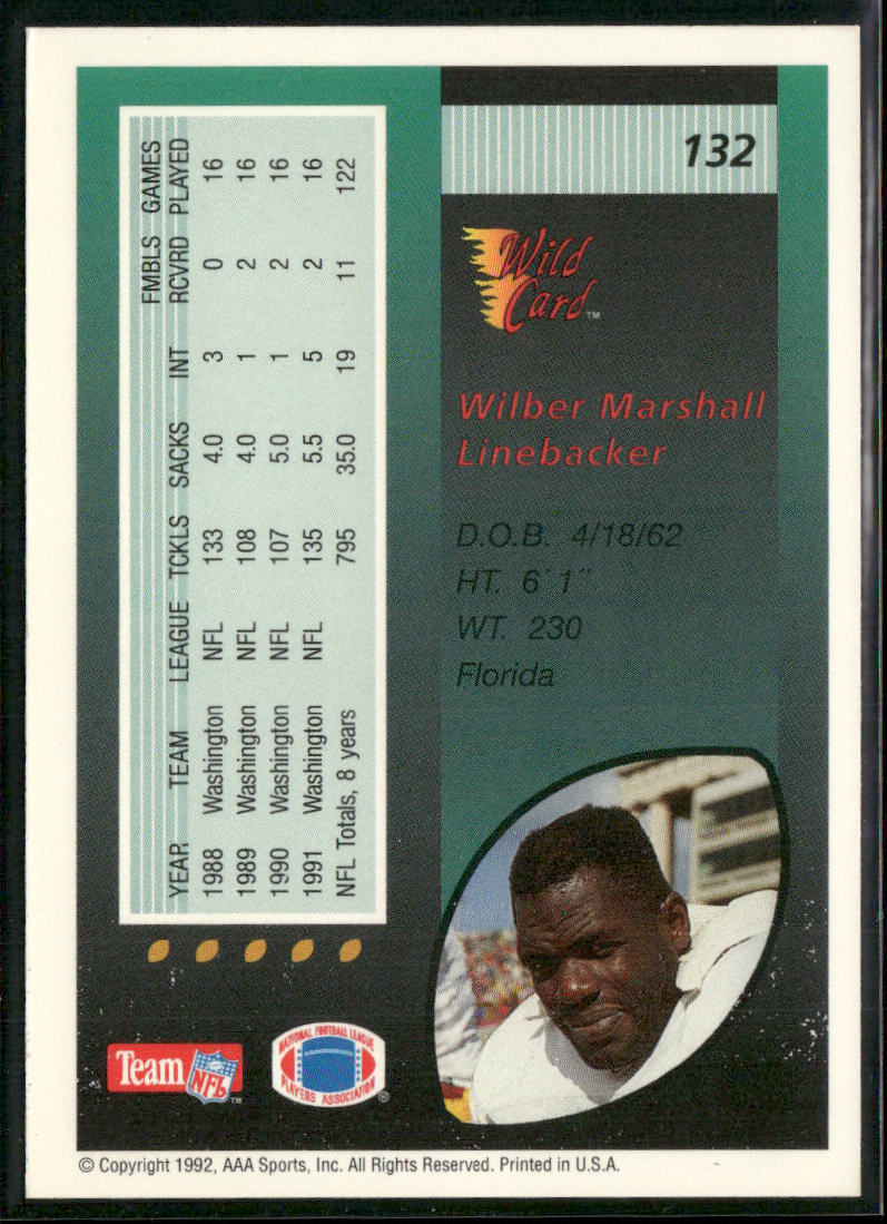 Wilber Marshall 1992 Wild Card #132 Washington Redskins