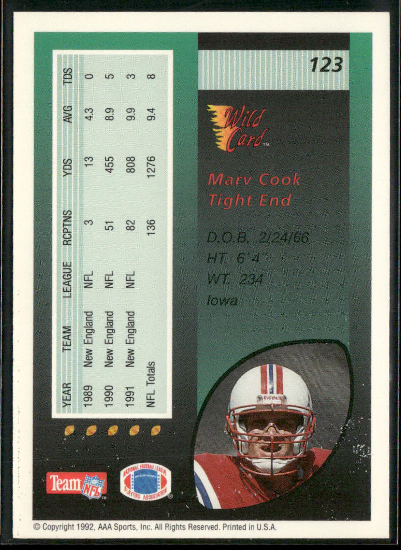 Marv Cook 1992 Wild Card #123 New England Patriots