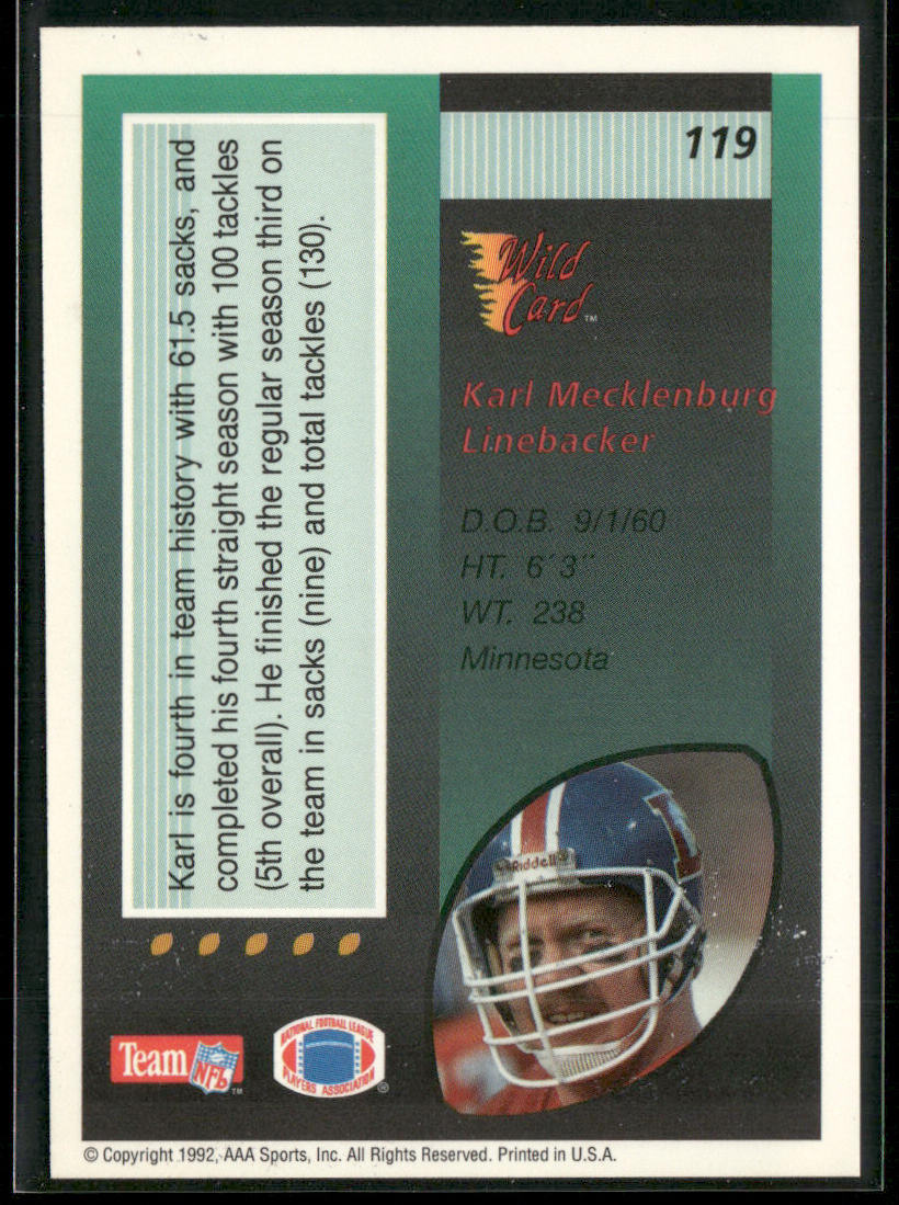 Karl Mecklenburg 1992 Wild Card #119 Denver Broncos