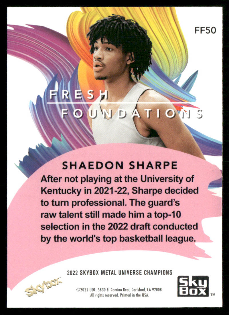 Shaedon Sharpe 2022 SkyBox Metal Universe Champions Fresh Foundations Aqua #FF50