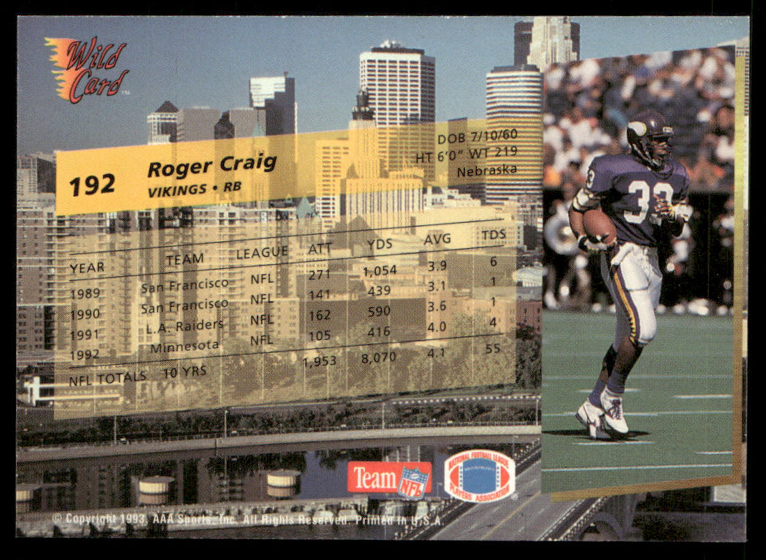 Roger Craig 1993 Wild Card #192 Minnesota Vikings