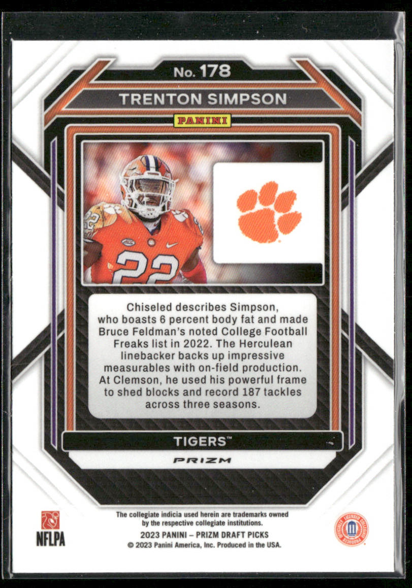 Trenton Simpson 2023 Panini Prizm Draft Picks Prizms Red Ice #178 Clemson Tigers