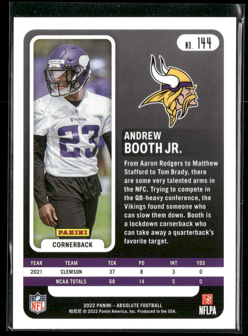 Andrew Booth Jr. 2022 Panini Absolute #144 RC Minnesota Vikings