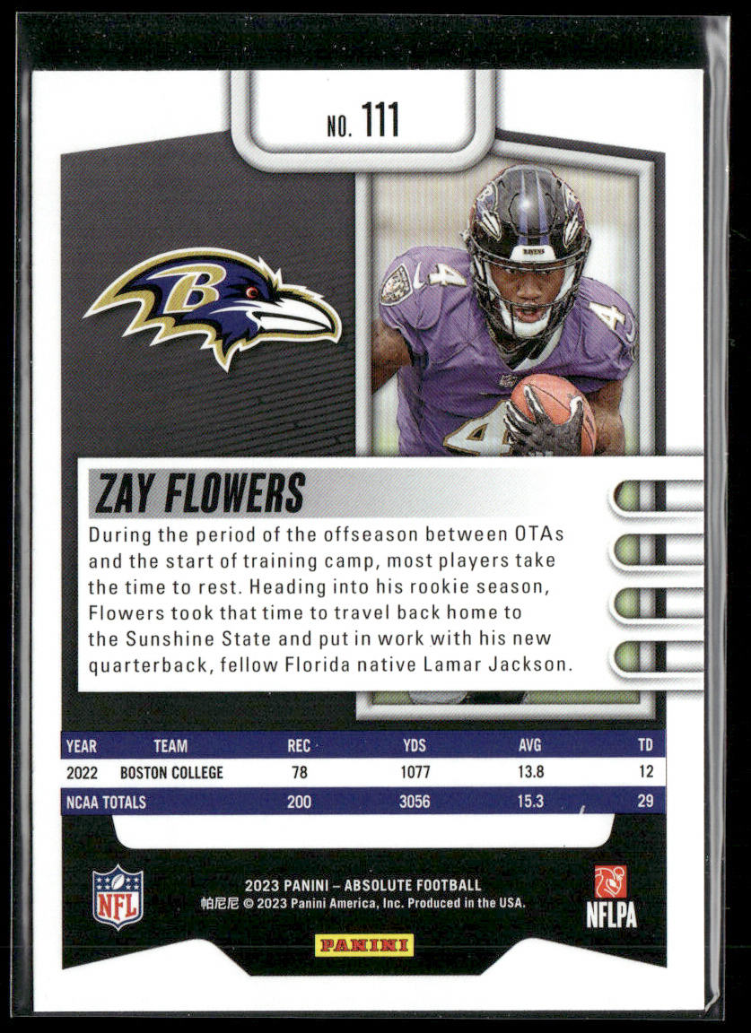 Zay Flowers 2023 Panini Absolute Retail #111 RC Baltimore Ravens