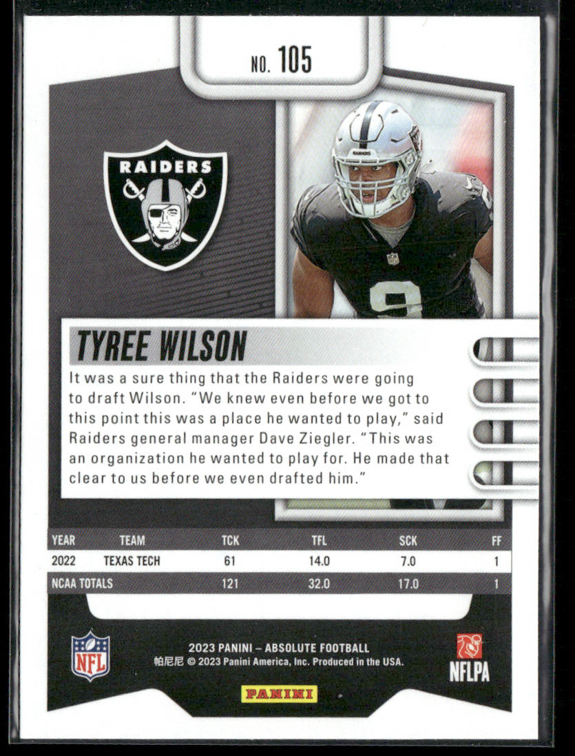 Tyree Wilson 2023 Panini Absolute Retail #105 RC Las Vegas Raiders