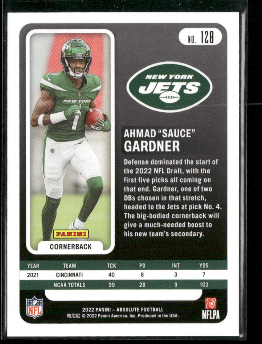 Ahmad "Sauce" Gardner 2022 Panini Absolute #128 SN,RC New York Jets