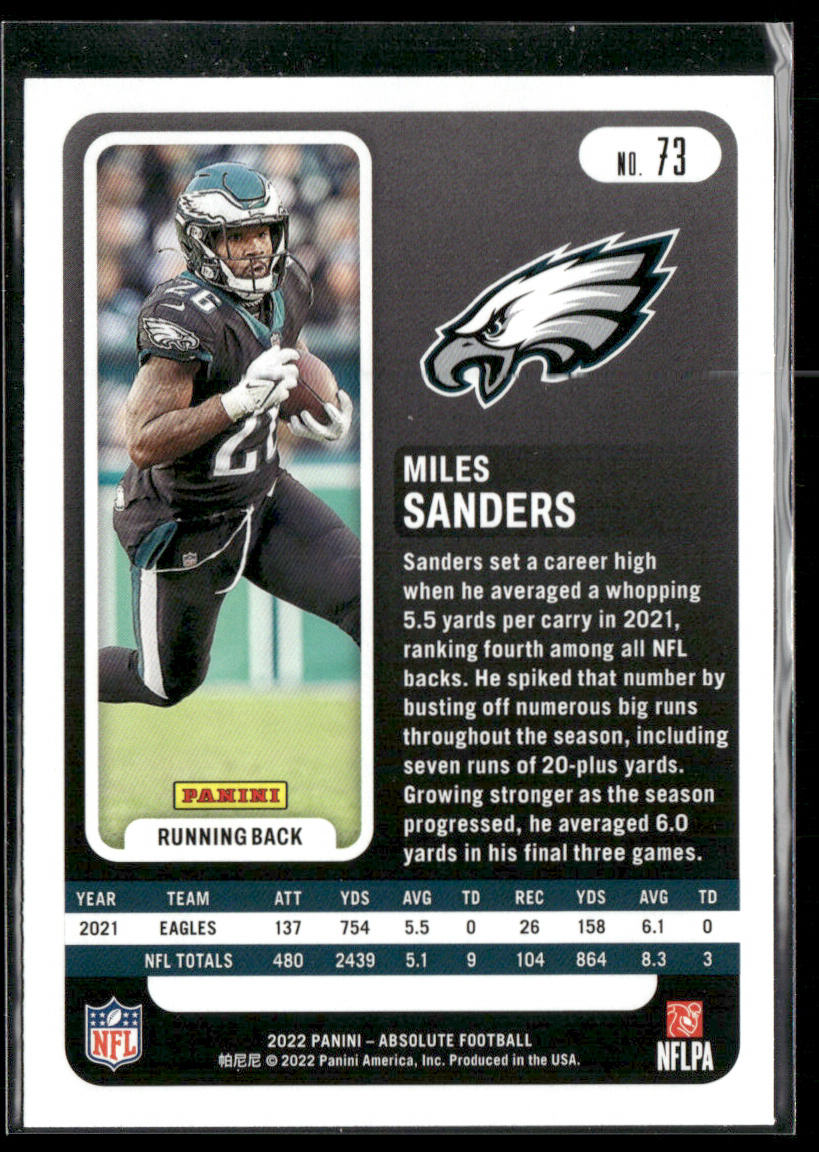 Miles Sanders 2022 Panini Absolute Retail #73 Philadelphia Eagles