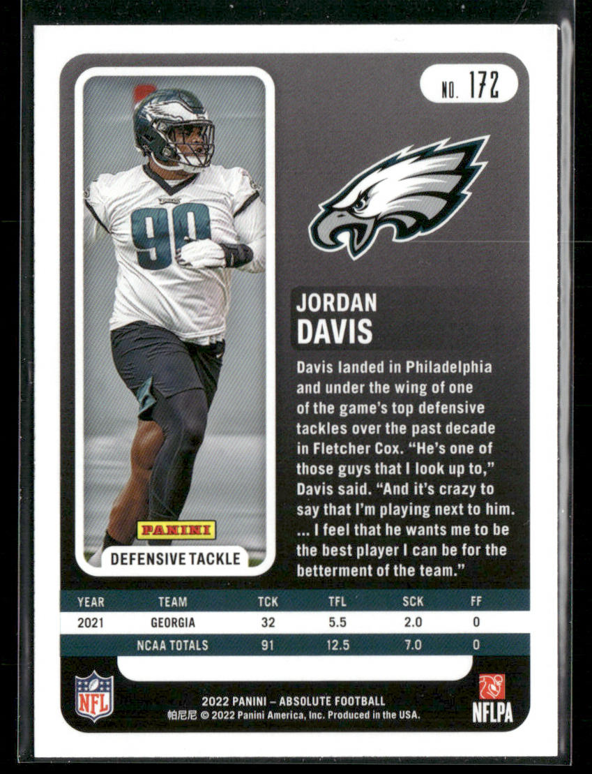 Jordan Davis 2022 Panini Absolute Retail #172 RC Philadelphia Eagles