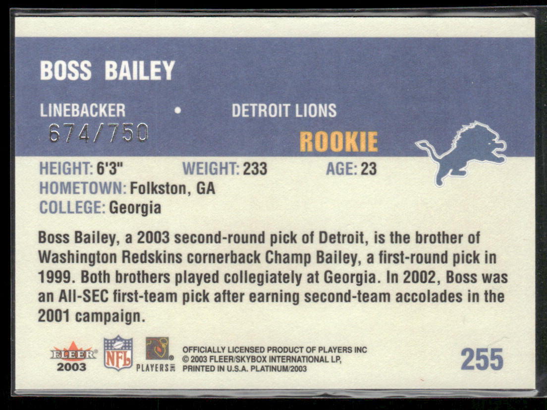 Boss Bailey 2003 Fleer Platinum Finish #255 SN,RC Detroit Lions