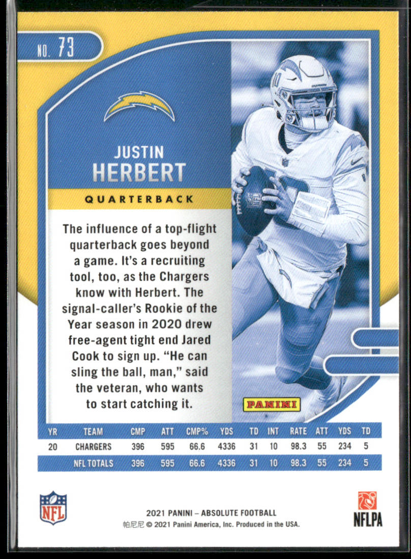 Justin Herbert 2021 Panini Absolute Green #73 Los Angeles Chargers