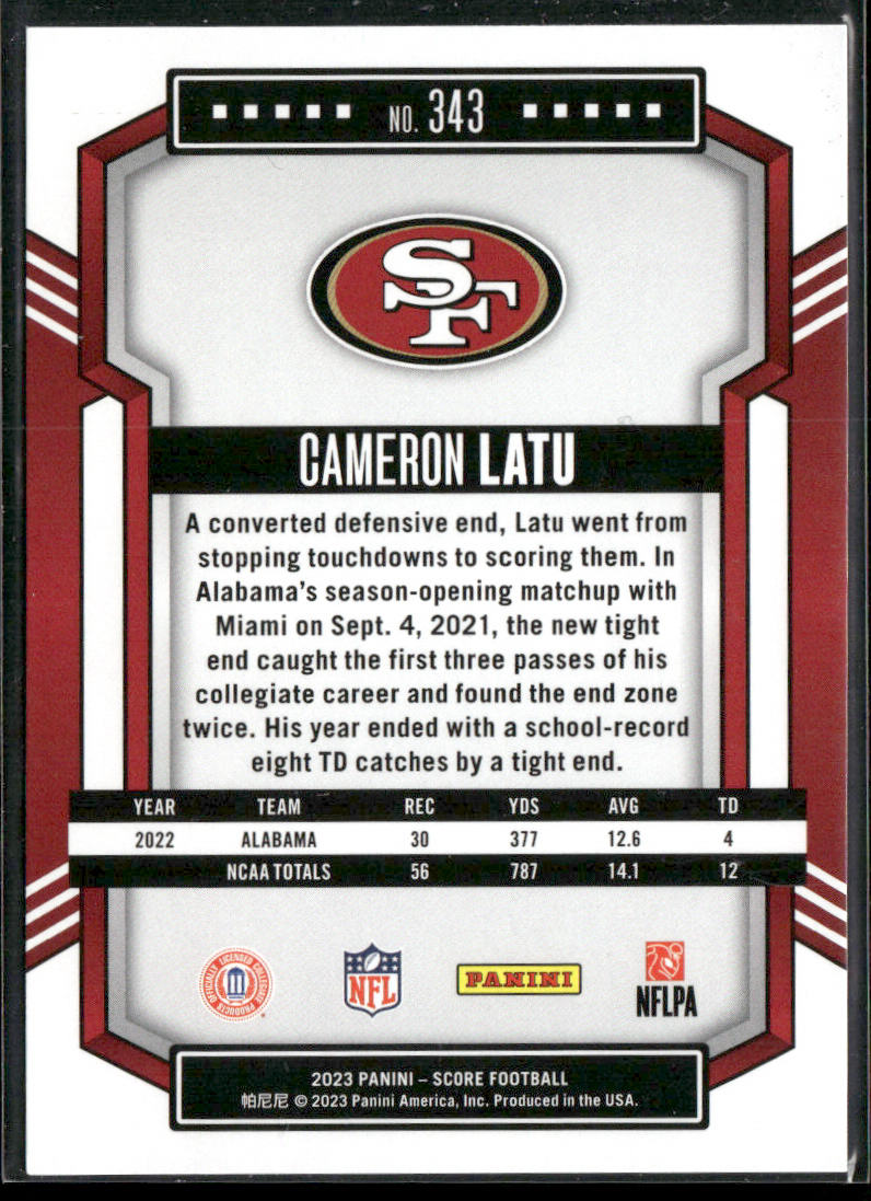 Cameron Latu 2023 Score #343 RC San Francisco 49ers