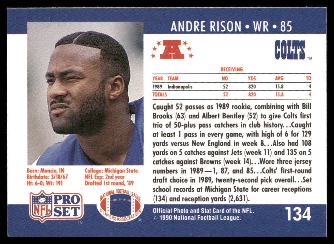 Andre Rison 1990 Pro Set #134a No Traded banner on front Indianapolis Colts