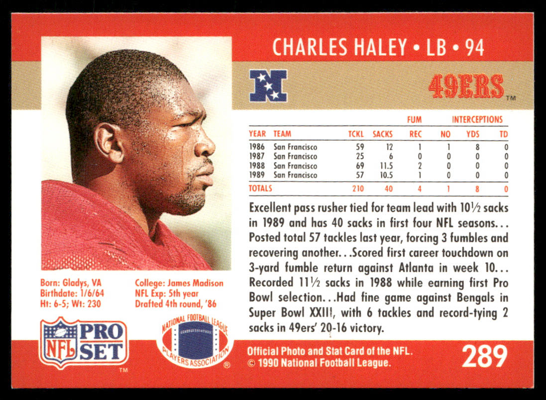 Charles Haley 1990 Pro Set #289b San Francisco 49ers