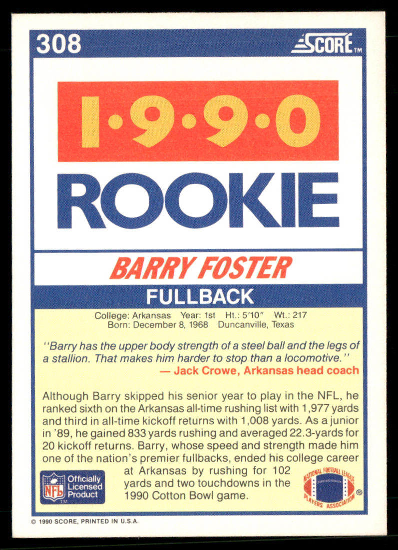 Barry Foster 1990 Score #308 RC Arkansas Razorbacks