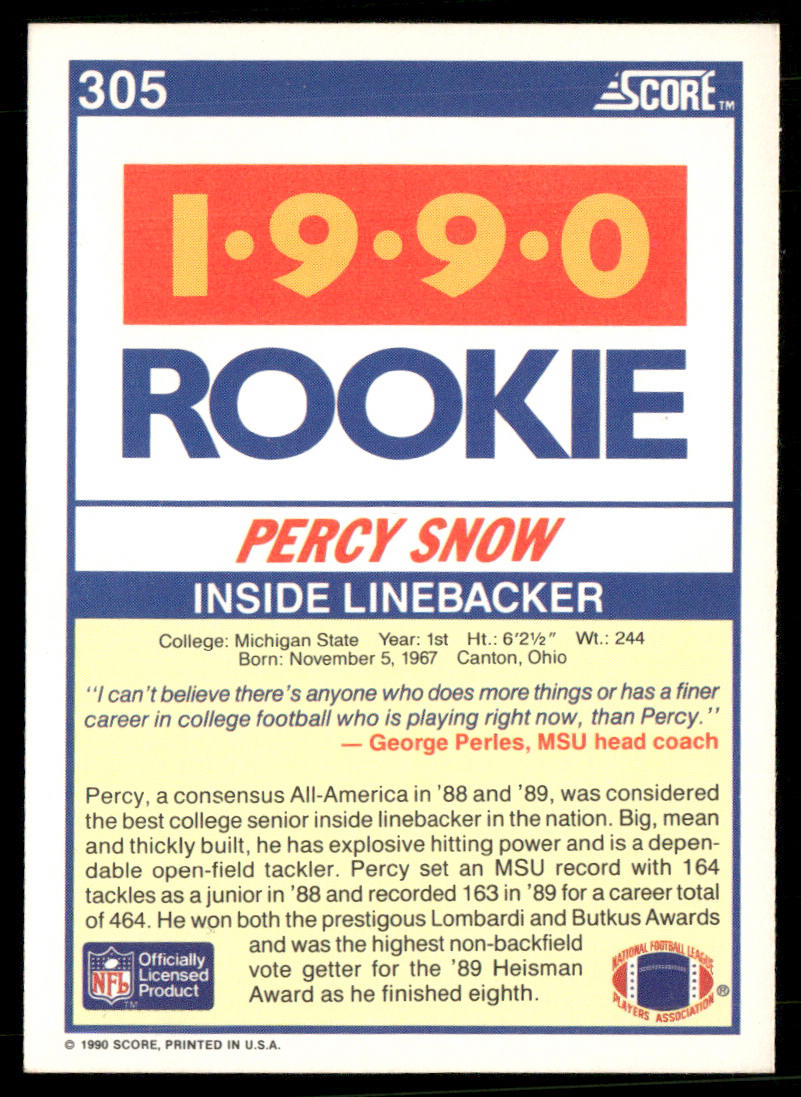 Percy Snow 1990 Score #305 RC Michigan State Spartans