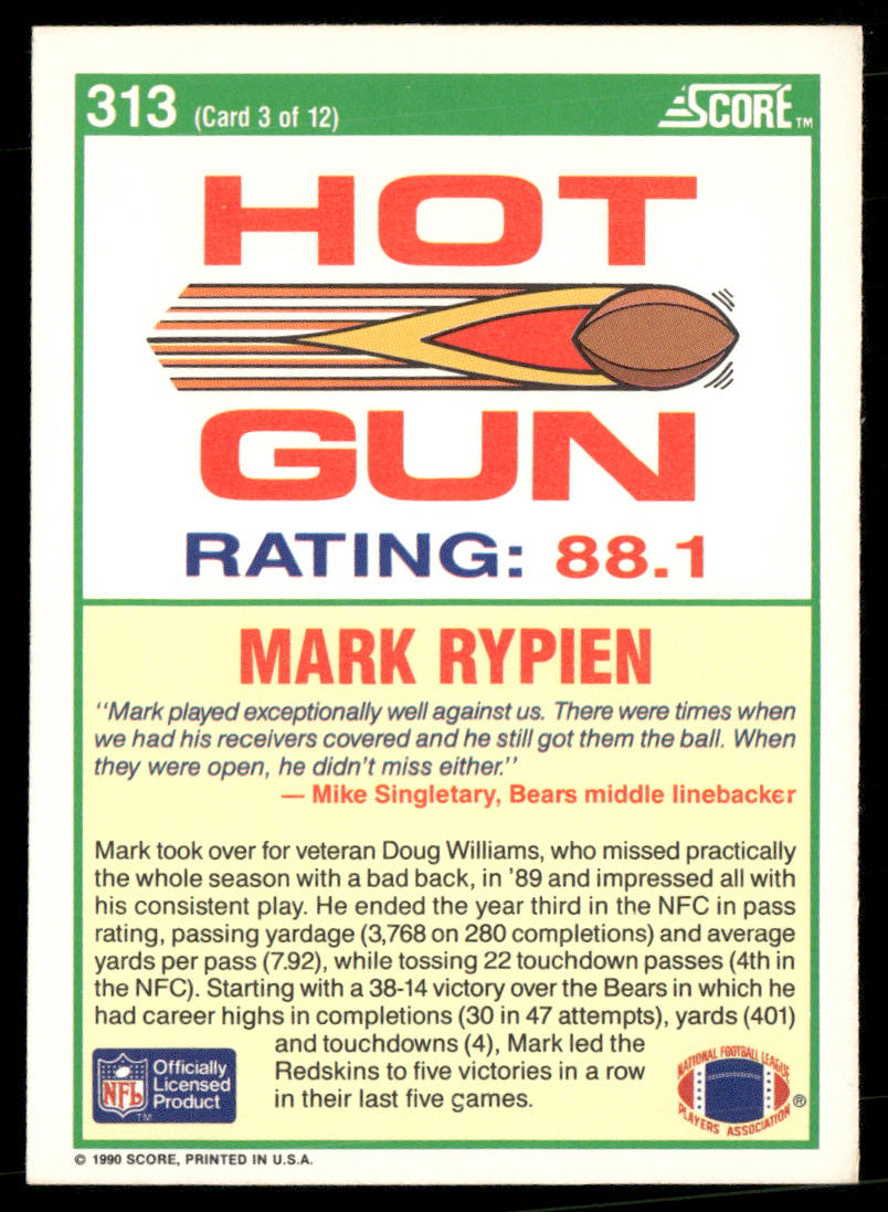Mark Rypien 1990 Score #313 Washington Redskins