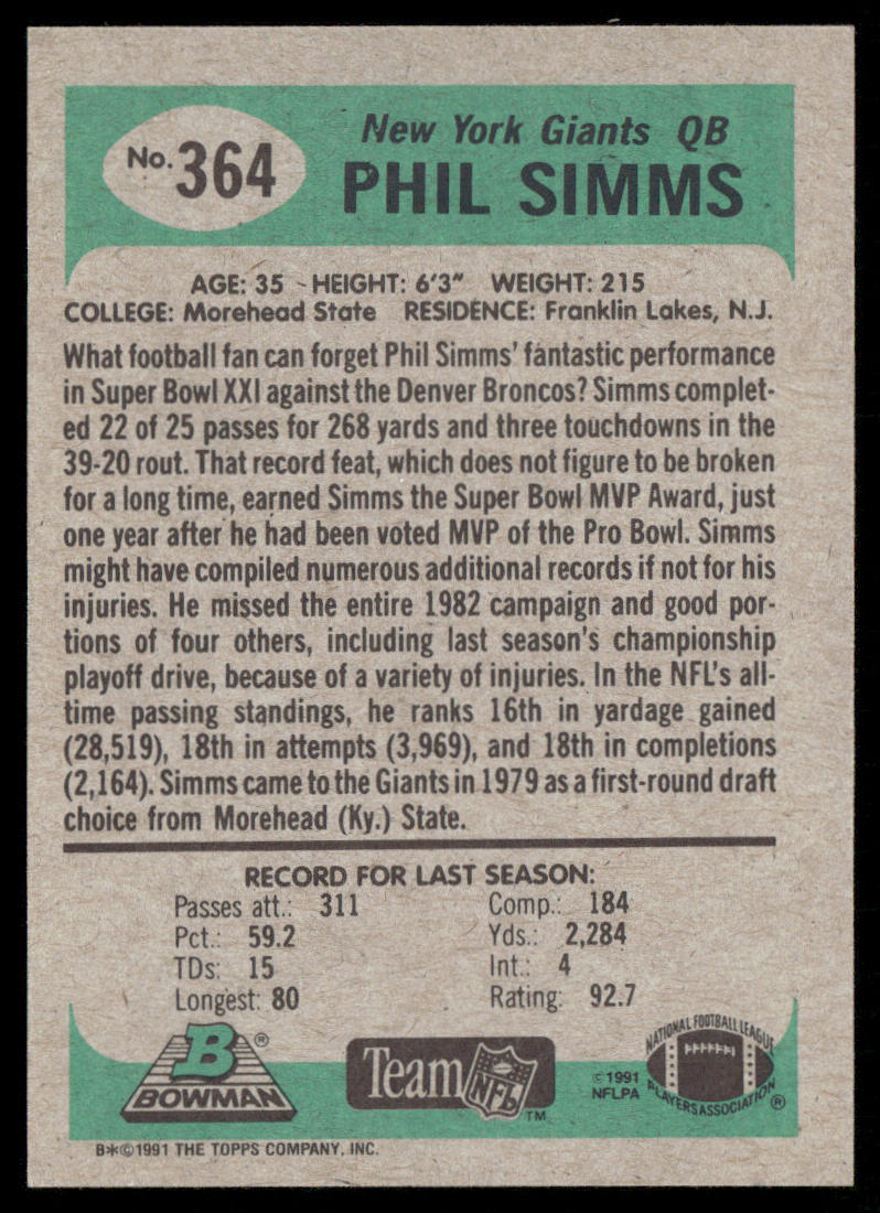 Phil Simms 1991 Bowman #364 New York Giants