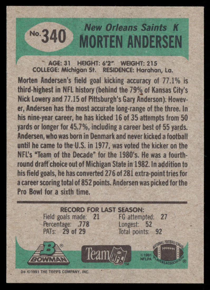 Morten Andersen 1991 Bowman #340 New Orleans Saints