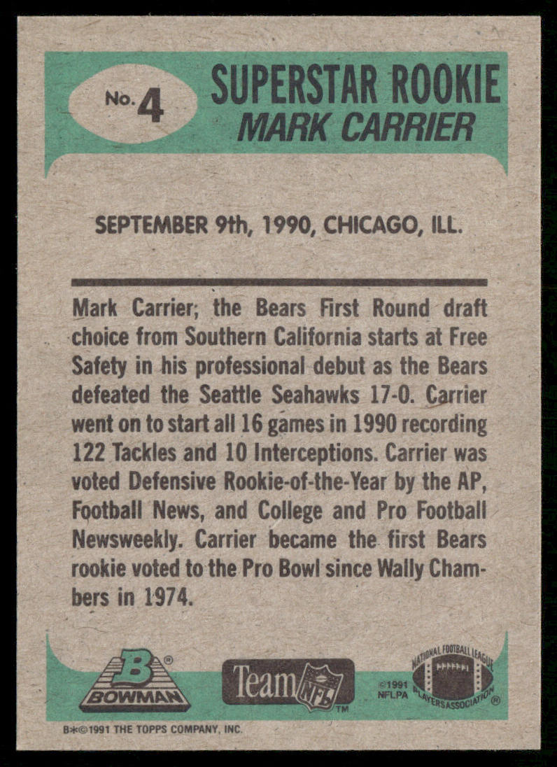 Mark Carrier 1991 Bowman #4b B* in copyright on back Chicago Bears