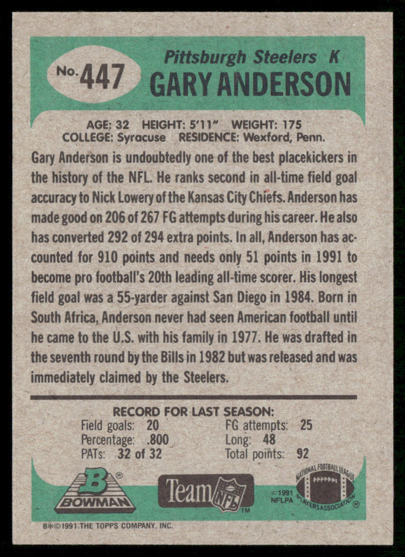 Gary Anderson 1991 Bowman #447 Pittsburgh Steelers