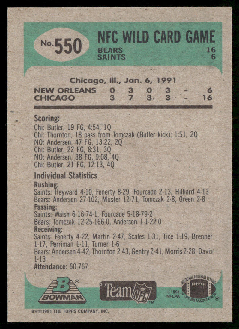 Road to Super Bowl XXV: Bears vs. Saints 1991 Bowman #550b