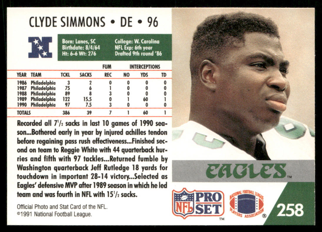Clyde Simmons 1991 Pro Set #258 Philadelphia Eagles