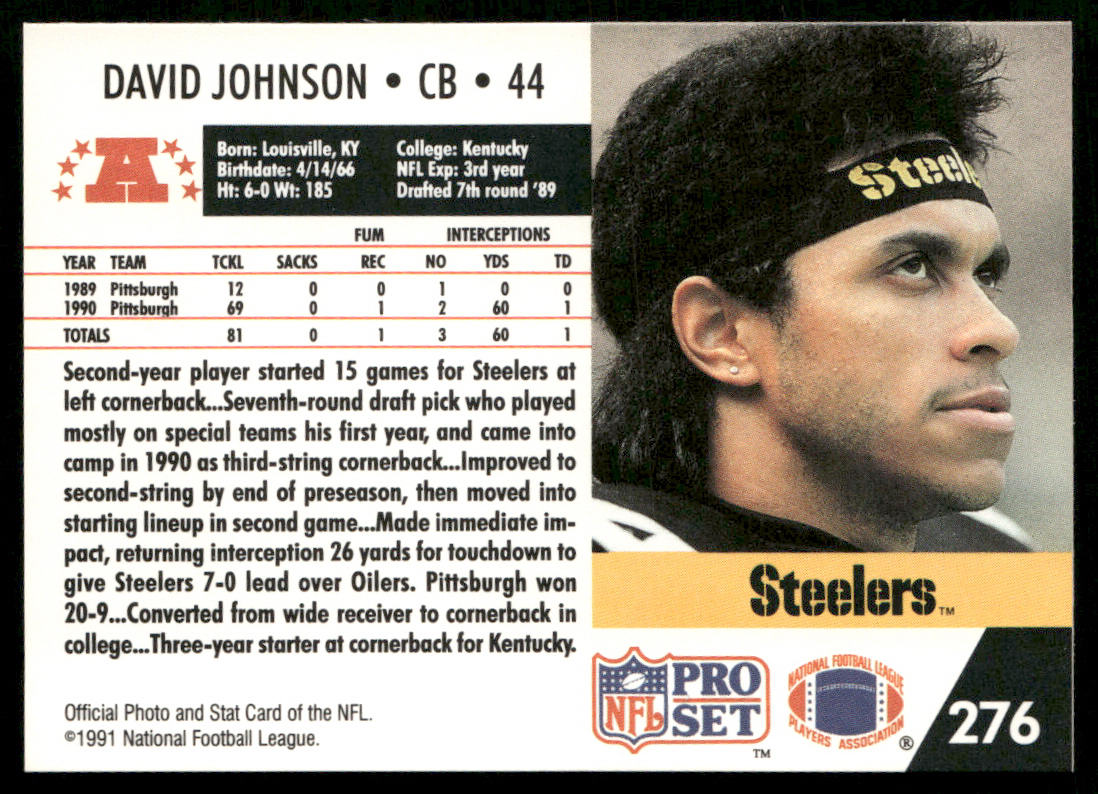 David Johnson 1991 Pro Set #276 RC Pittsburgh Steelers