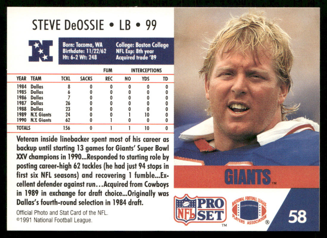 Steve DeOssie 1991 Pro Set #58 RC New York Giants
