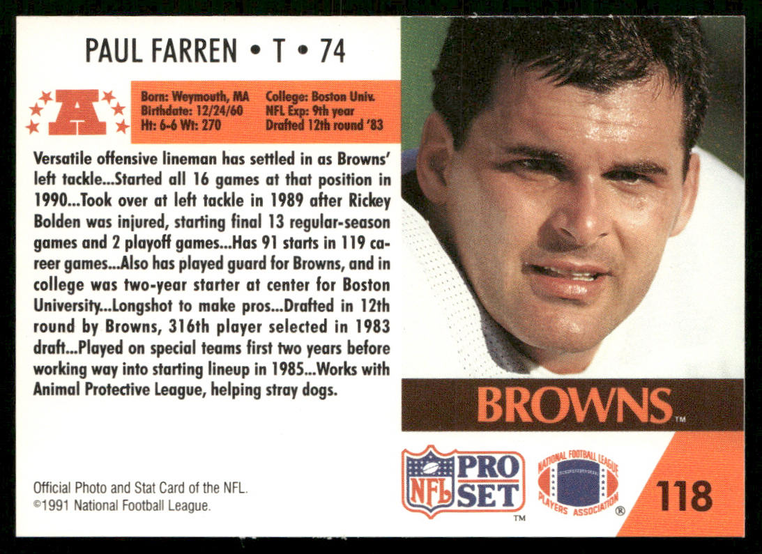 Paul Farren 1991 Pro Set #118 Cleveland Browns