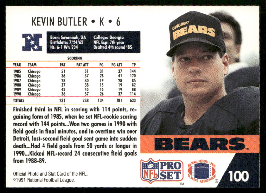 Kevin Butler 1991 Pro Set #100 Chicago Bears