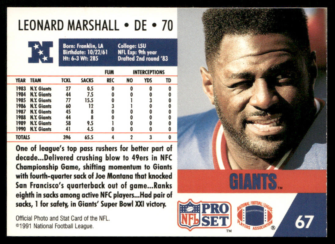 Leonard Marshall 1991 Pro Set #67 New York Giants