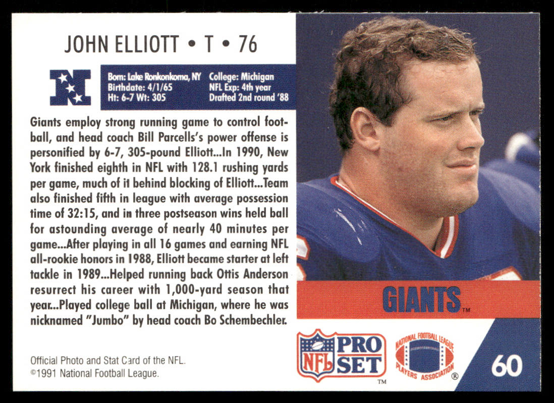 John Elliott 1991 Pro Set #60 New York Giants