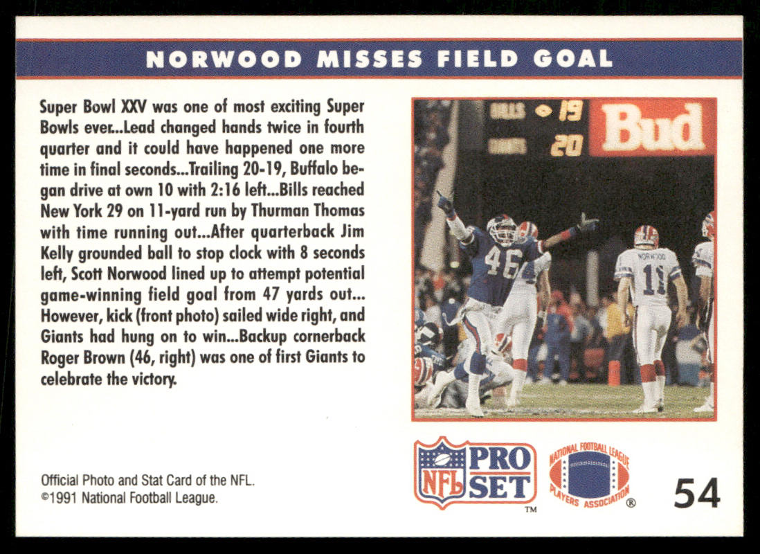 Norwood Misses Field Goal 1991 Pro Set #54 Buffalo Bills