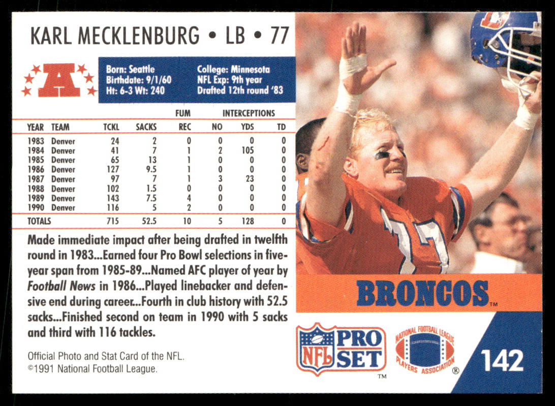 Karl Mecklenburg 1991 Pro Set #142 Denver Broncos