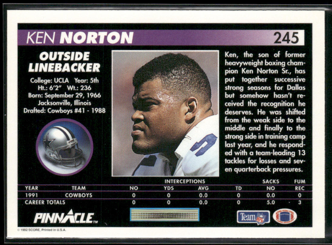 Ken Norton 1992 Pinnacle #245 Dallas Cowboys
