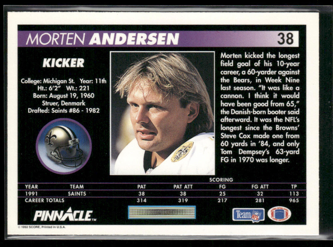Morten Andersen 1992 Pinnacle #38 New Orleans Saints