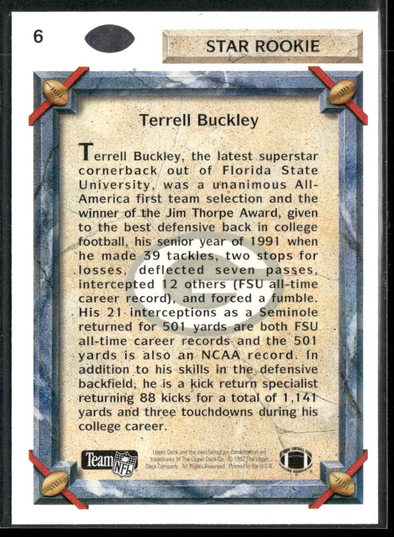 Terrell Buckley 1992 Upper Deck #6 RC Green Bay Packers