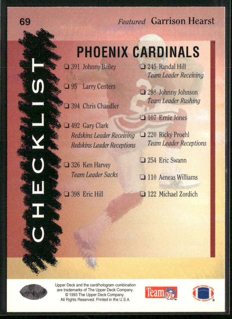 Cardinals Checklist 1993 Upper Deck #69 Phoenix Cardinals