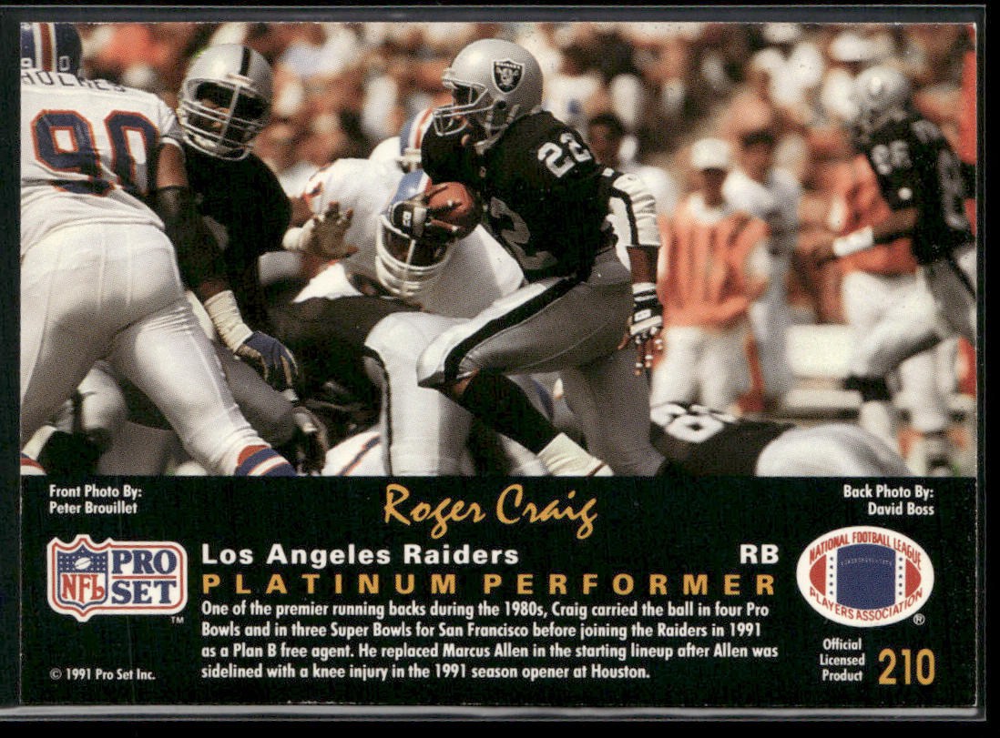 Roger Craig 1991 Pro Set Platinum #210 Los Angeles Raiders