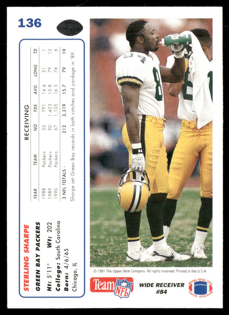 Sterling Sharpe 1991 Upper Deck #136b Green Bay Packers