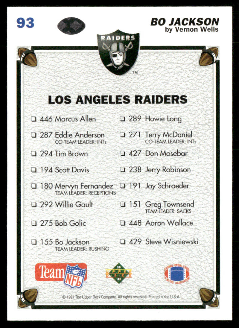 Bo Jackson 1991 Upper Deck #93c Los Angeles Raiders