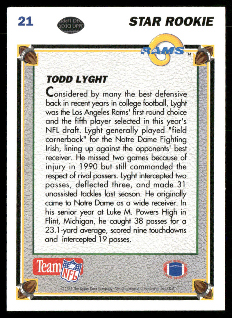 Todd Lyght 1991 Upper Deck #21 RC Los Angeles Rams