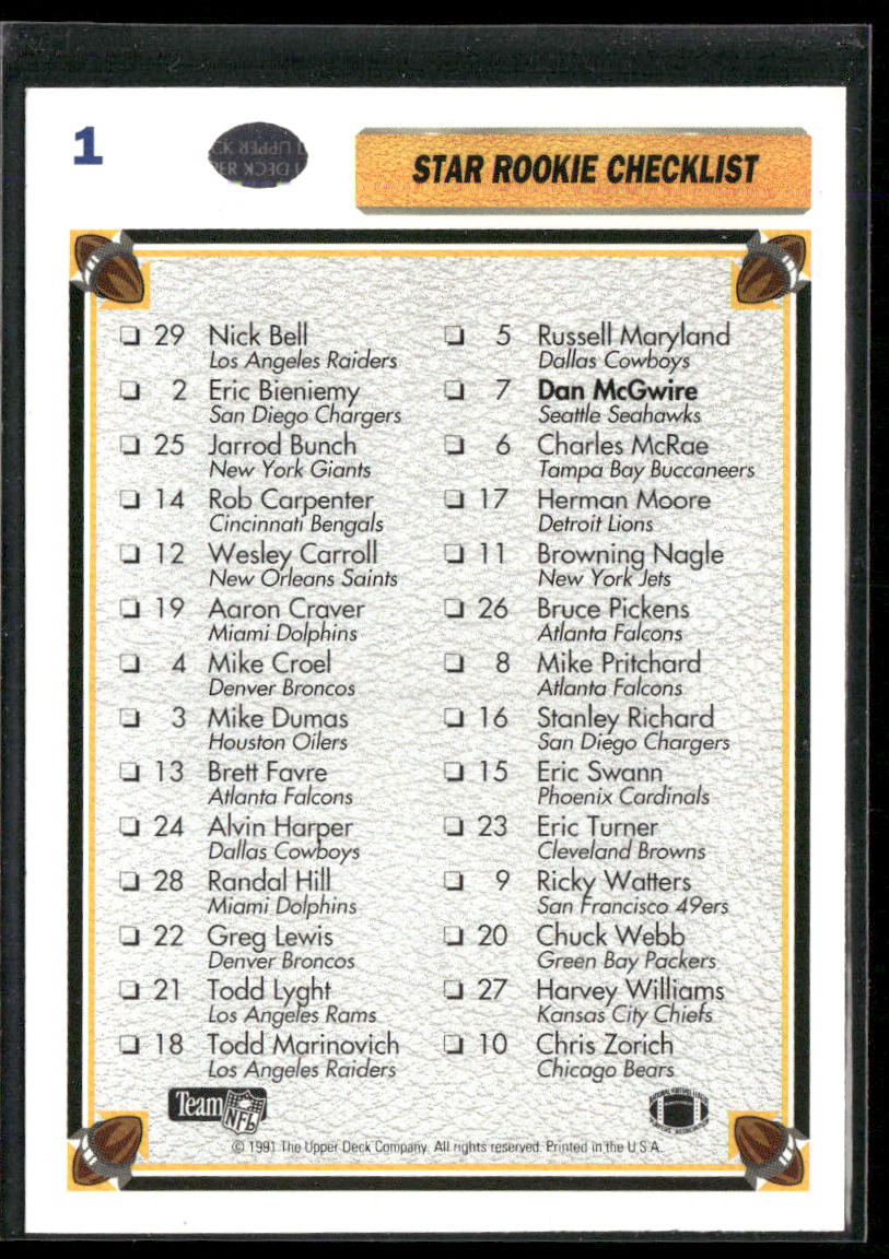 Star Rookie Checklist (Dan McGwire) 1991 Upper Deck #1b Seattle Seahawks