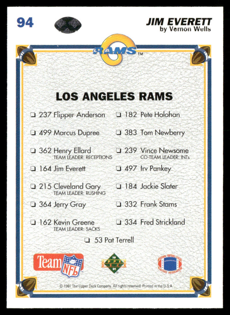 Jim Everett 1991 Upper Deck #94b Los Angeles Rams back